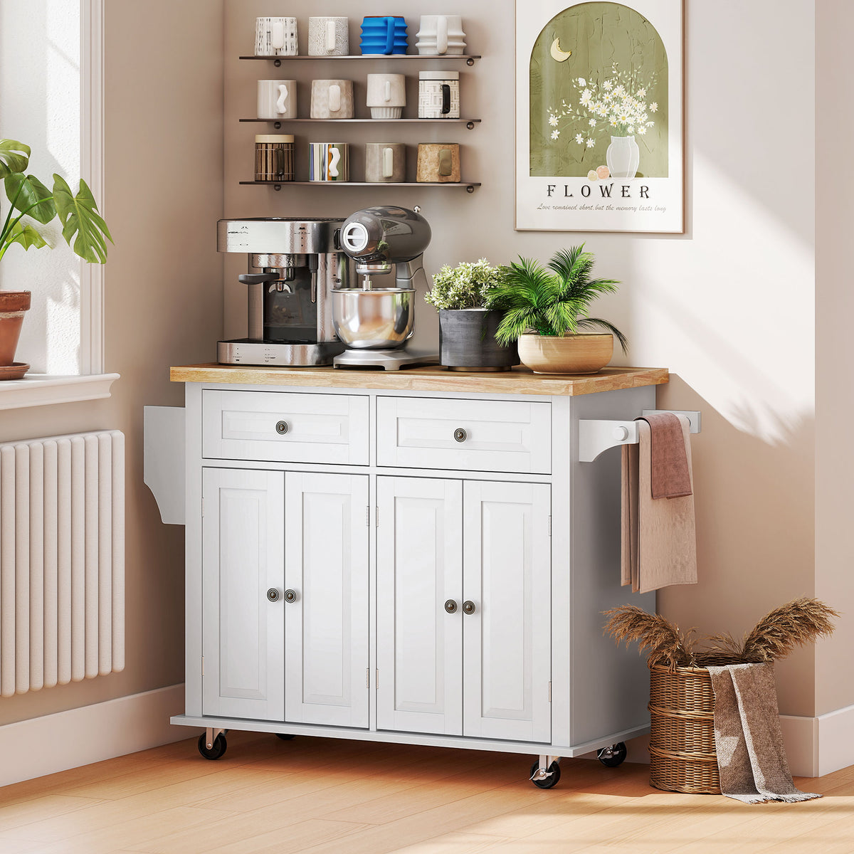 Kitchen island with appliances and decor in a home setting