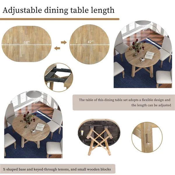 Dining table set with adjustable length feature, showing different configurations and measurements.