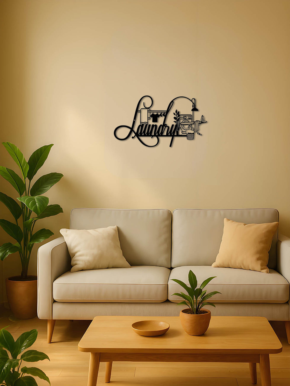 Decorative wall art with the word 'Luxury' above a beige sofa in a living room setting.