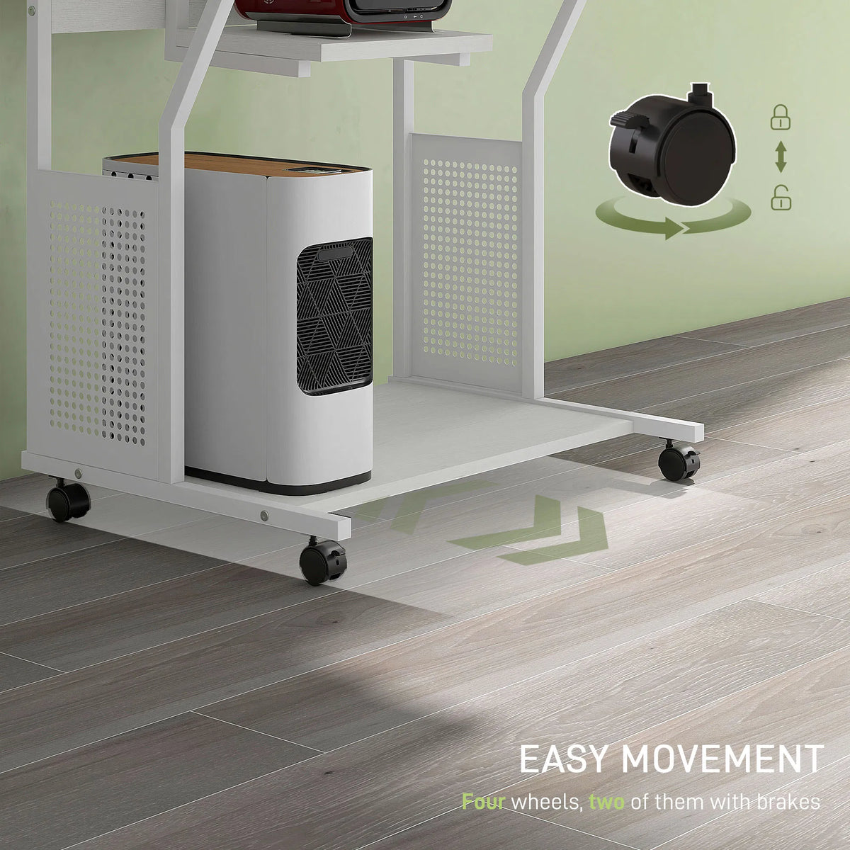 White rolling cart with wheels on a wooden floor, featuring text 'EASY MOVEMENT'.