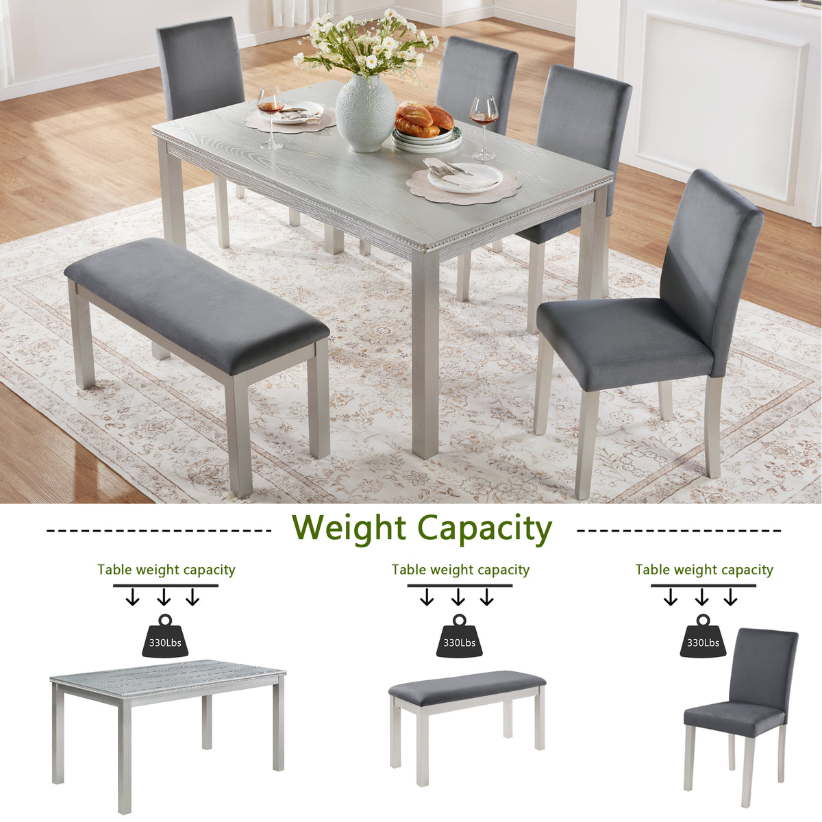 Dining table set with chairs and bench on a wooden floor, weight capacity indicated.