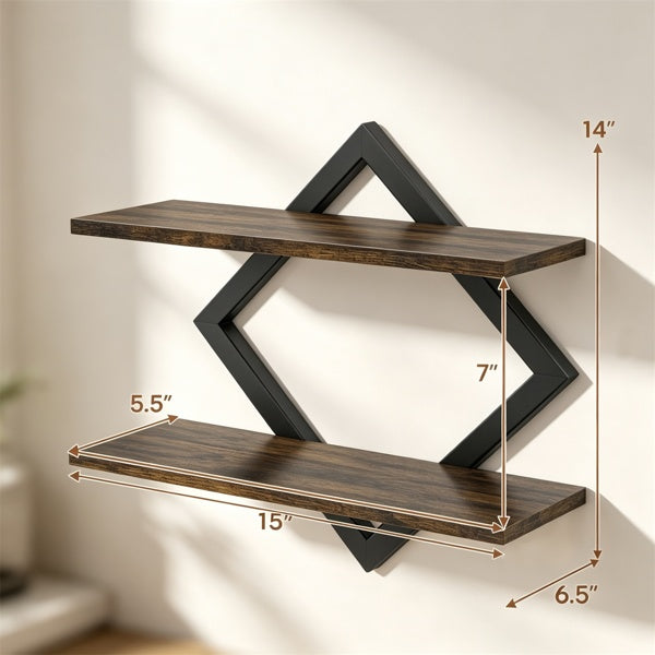 Two dark brown wooden floating shelves mounted on a black geometric diamond-shaped wall bracket, shown with dimension arrows and labels indicating 14, 7, 15, 5.5, and 6.