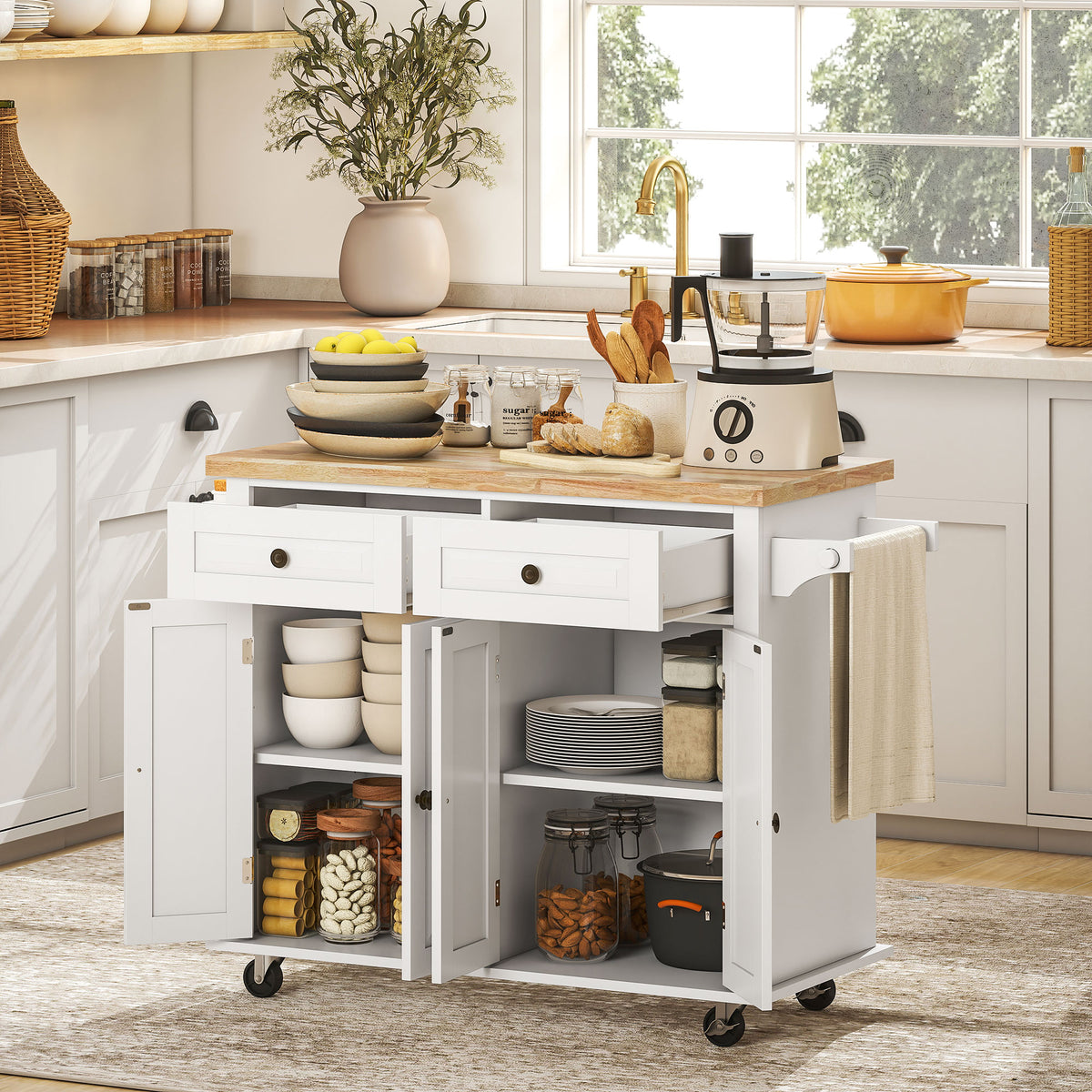 Kitchen island with storage shelves in a well-lit kitchen.