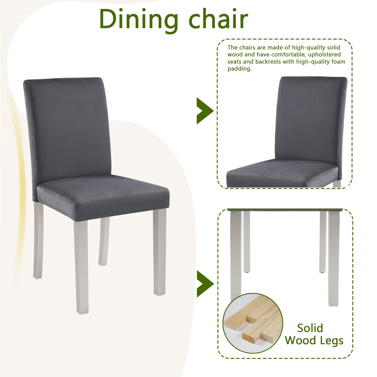 Gray dining chair with text highlighting features on a white background