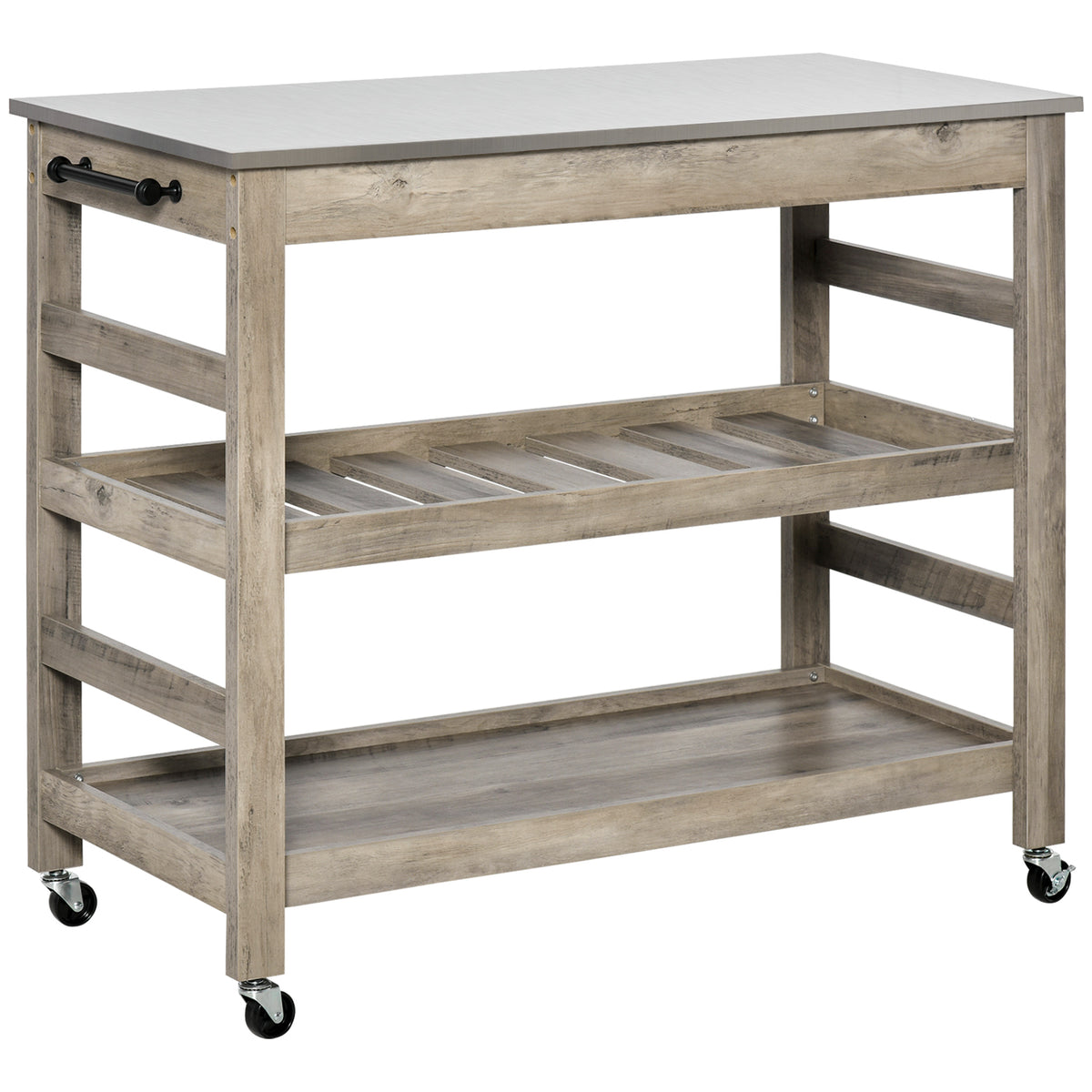 Wooden kitchen island with a white countertop on a white background