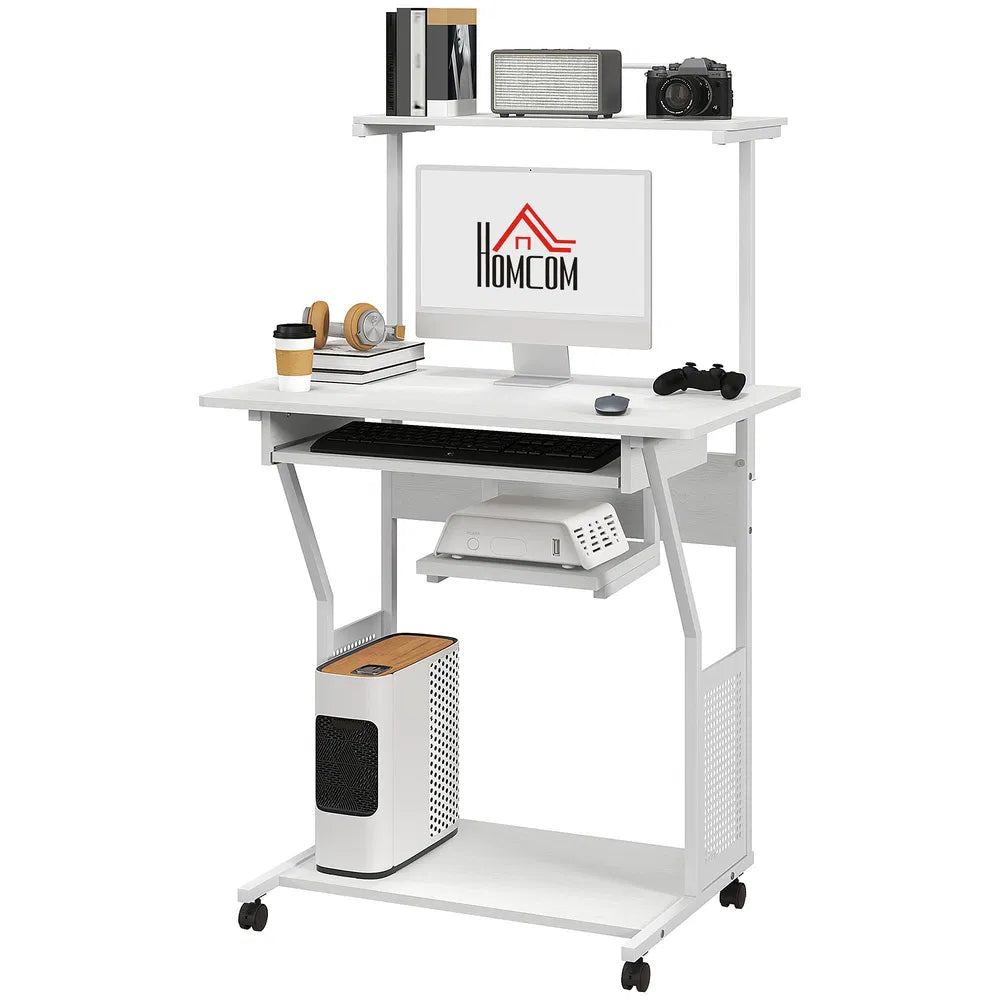 White computer desk with a monitor, keyboard, and various items on a white background