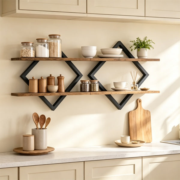 Two rustic wooden floating shelves with black diamond-shaped metal brackets mounted on a cream kitchen wall. The shelves are styled with glass jars, ceramic bowls, wooden canisters, a small potted plant, and kitchen utensils, with light wood cabinets and a white countertop below.