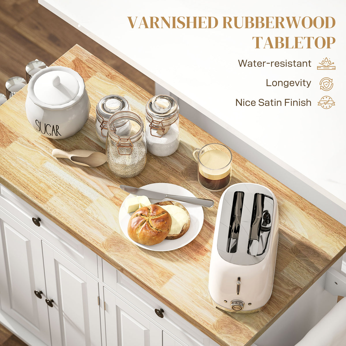 Wooden countertop with kitchen items including a toaster, bread, and jars.