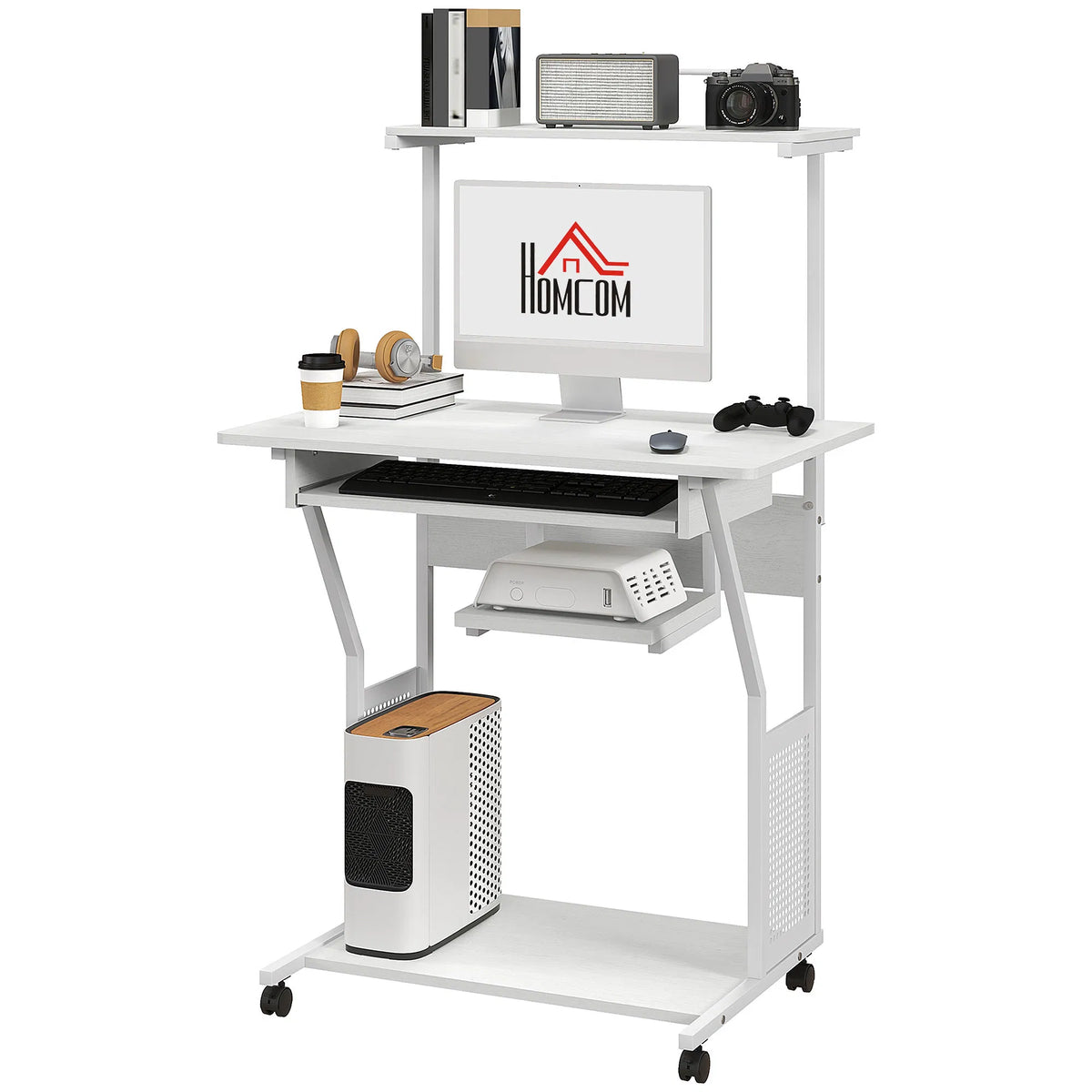 White computer desk with a monitor, keyboard, and various items on a white background