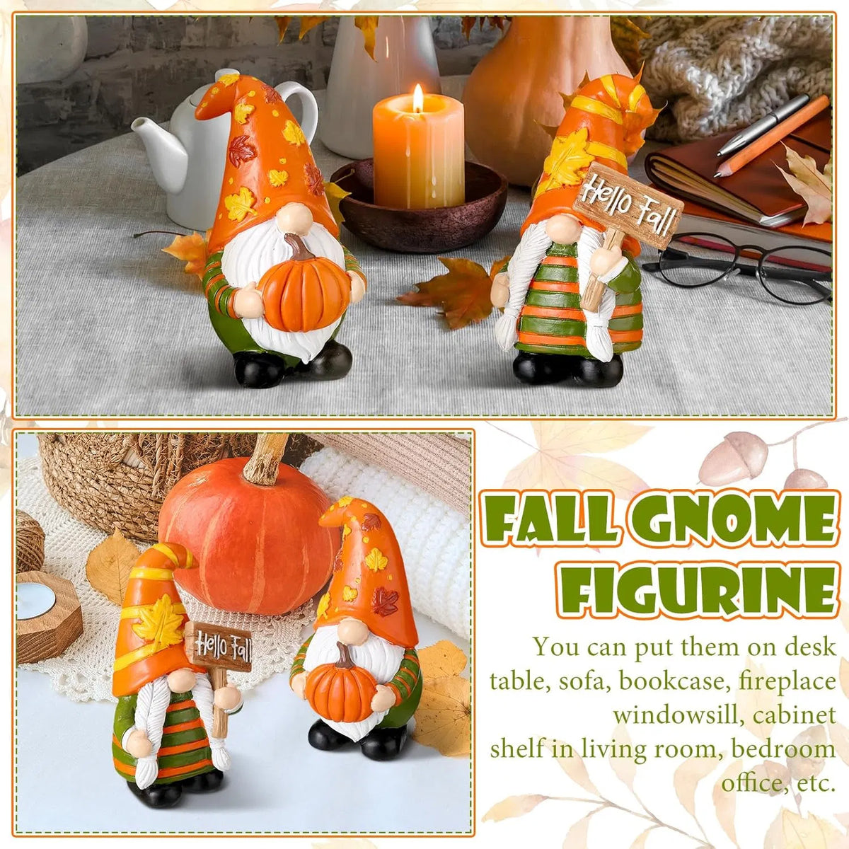 Two decorative fall gnome figurines shown in a collage with lifestyle-style home decor props and text reading 'FALL Gnome FIGURINE' and 'You can put them on desk, sofa, bookcase, fireplace windowsill, cabinet shelf in living room, bedroom, office, etc.' The gnomes have orange hats with autumn leaf patterns, white beards, striped green-and-orange clothing, black shoes, and one holds a pumpkin while the other holds a small sign reading 'Hello Fall.