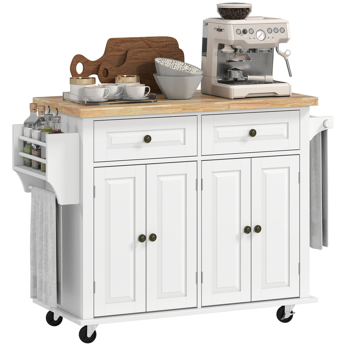 A white kitchen utility cart with two lower cabinet doors, two upper drawers, side storage shelves, and casters, shown with coffee-making items on top against a light gray background.