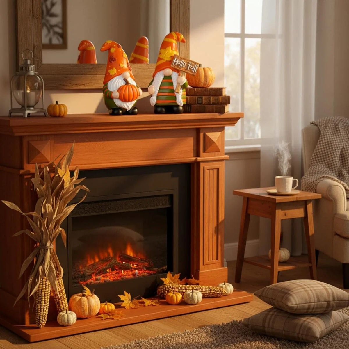 A cozy autumn living room scene centered on a wooden fireplace mantel decorated with fall-themed figurines, pumpkins, corn stalks, and leaves. A side table with a steaming mug sits to the right, and plaid pillows rest on the rug in the foreground.