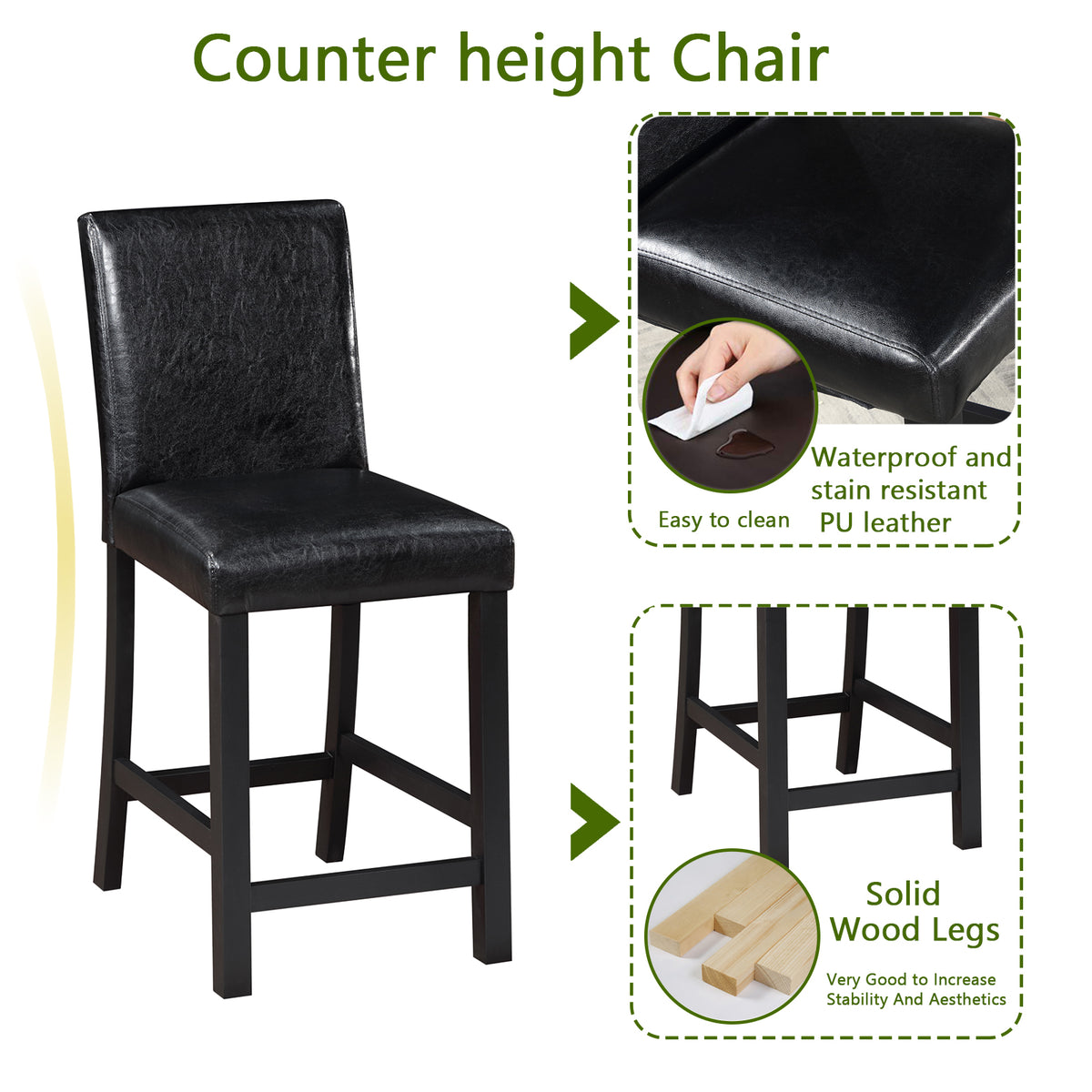 Black counter height chair with features highlighted on a white background