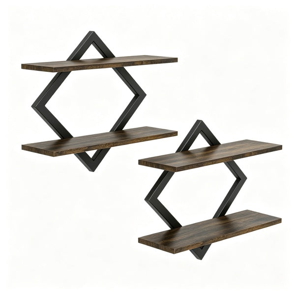Set of three floating wall shelves with dark brown wood-look boards and black geometric diamond-shaped metal supports, shown on a plain white background.