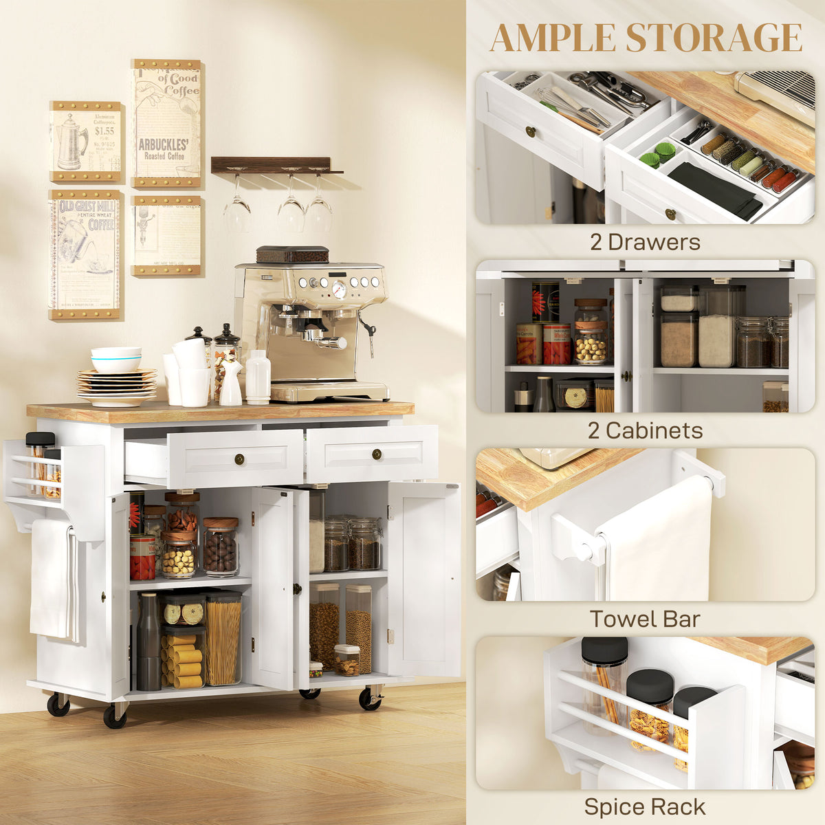 Kitchen island with storage compartments and appliances, emphasizing storage capacity.