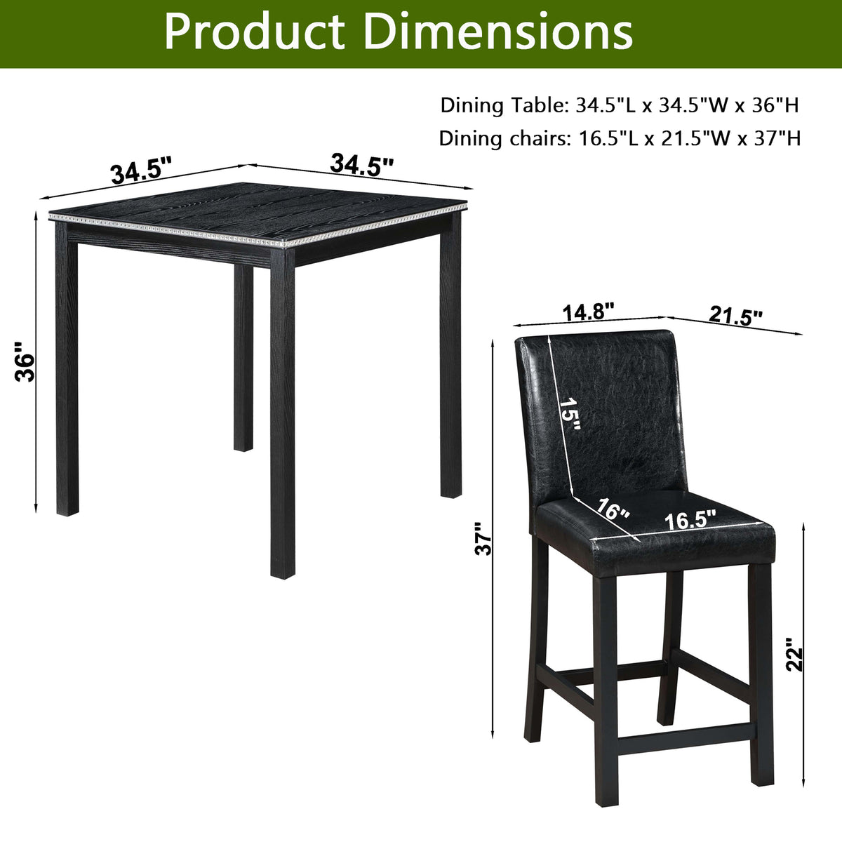 Dimensions of a dining table and chairs set on a white background