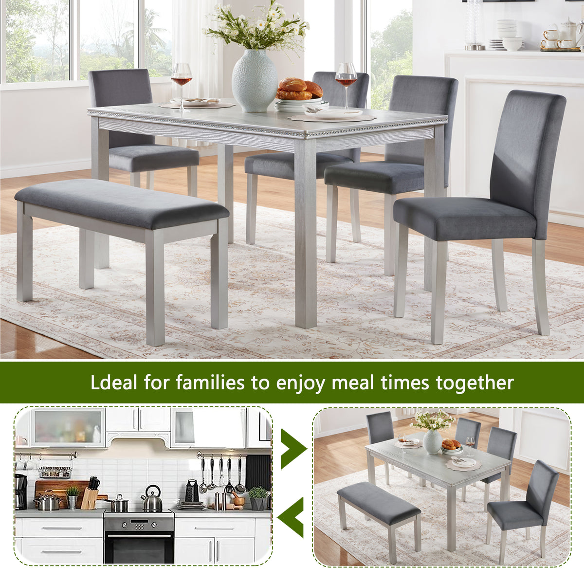 Dining table set with chairs and bench in a kitchen setting