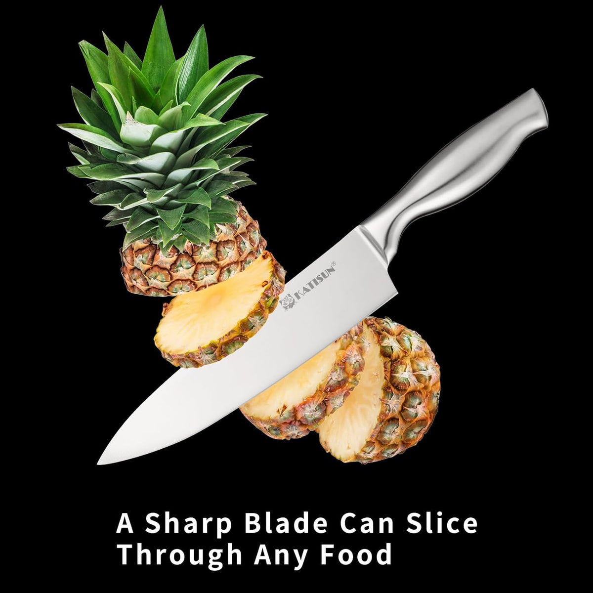 Pineapple with a sharp knife on a black background