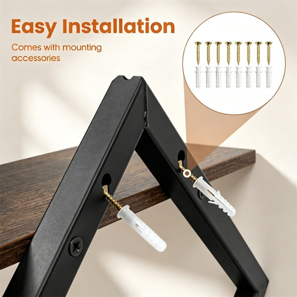 Black metal wall bracket shown mounted against a wall with a wood shelf, plus text reading 'Easy Installation' and a circular inset showing included mounting screws and anchors.