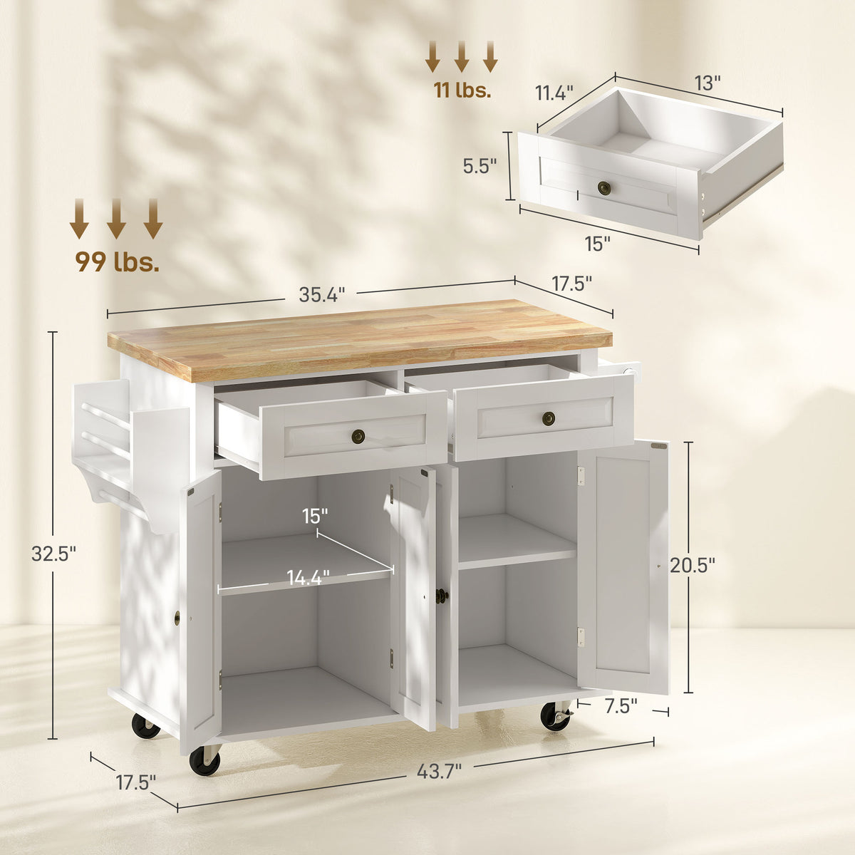 Kitchen island cart with dimensions and weight information on a neutral background