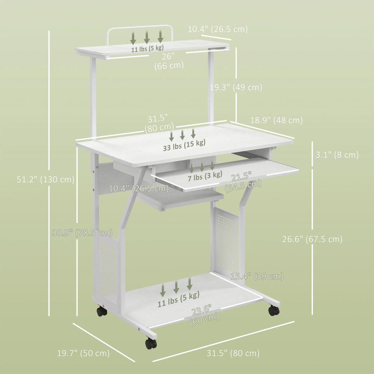 White rolling desk with measurement labels and arrows showing height, width, and depth dimensions on a pale green background.