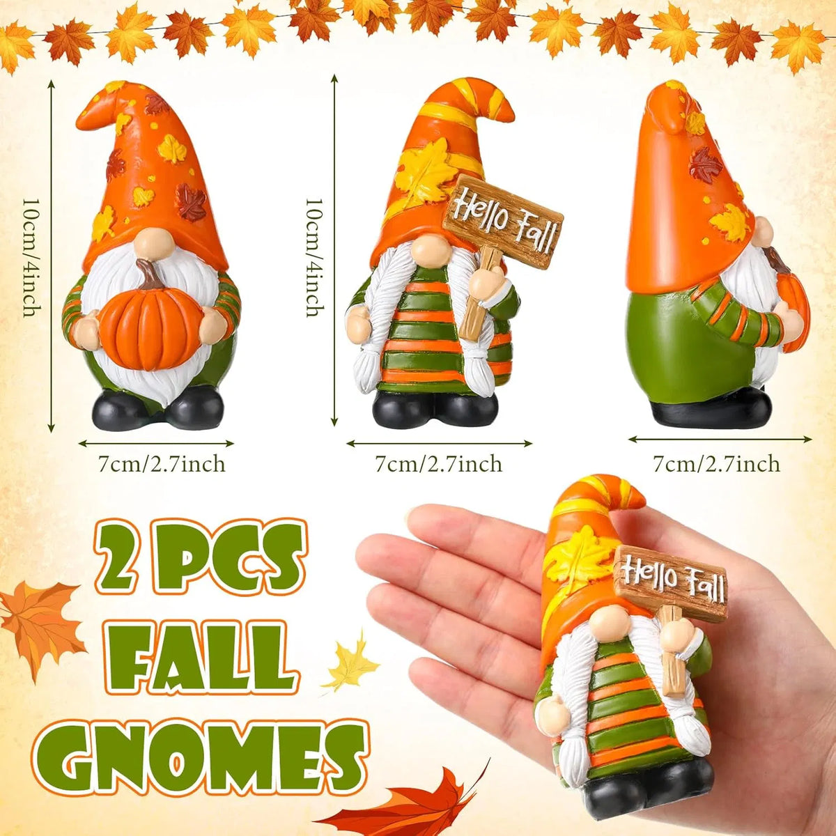 Two small autumn garden gnomes shown from multiple angles on a light beige background with fall leaves and measurement labels. One gnome holds a pumpkin, and the other holds a 'Hello Fall' sign.