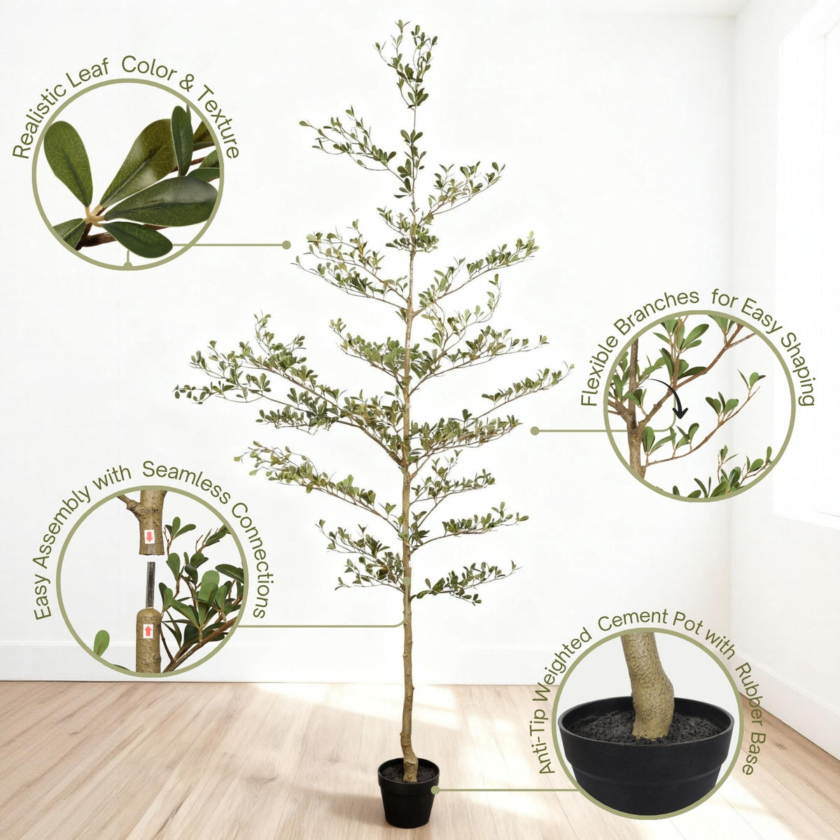 Artificial tree with features highlighted on a white background