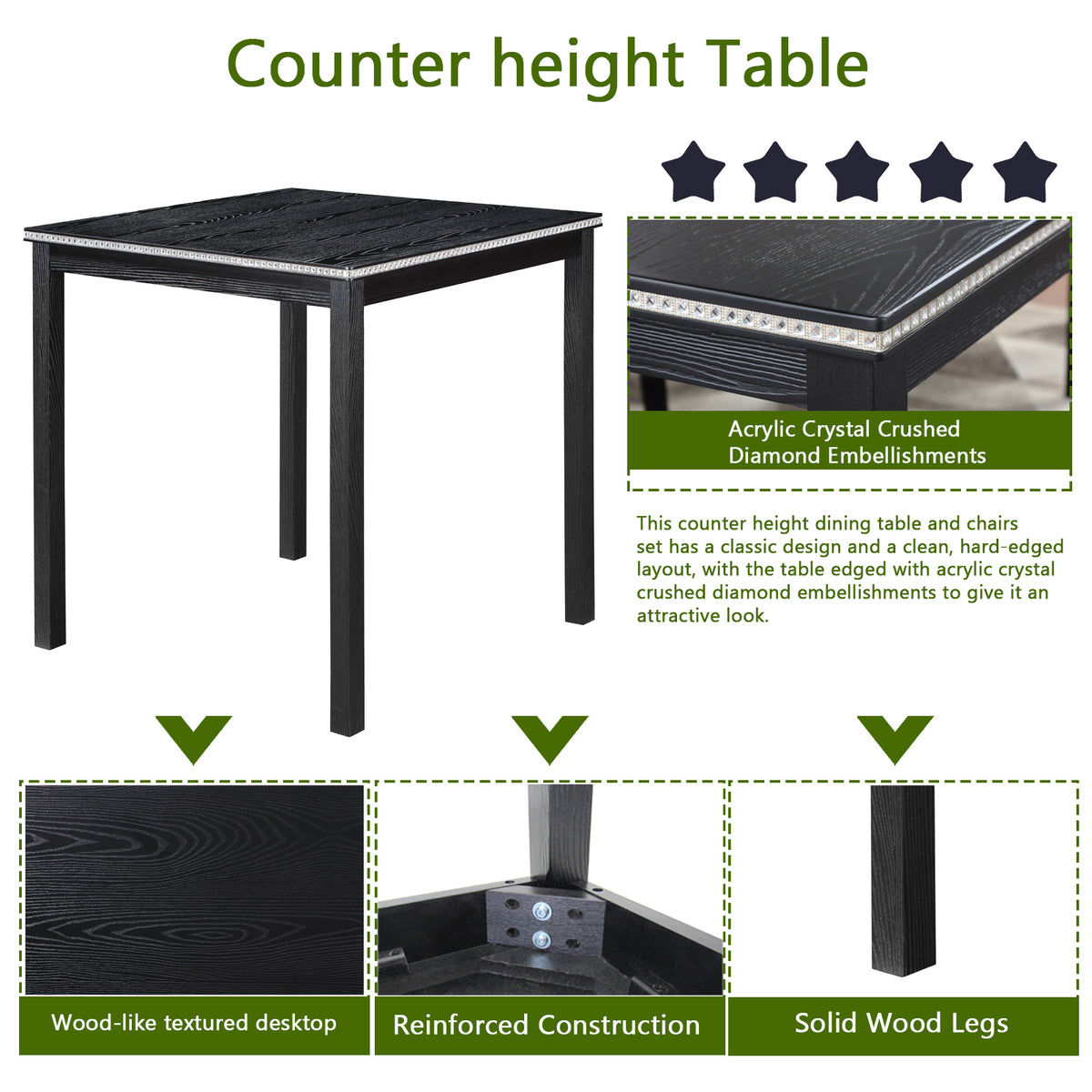 Black counter height table with text highlighting features like acrylic crystal crushed diamond embellishments, wood-like textured desktop, reinforced construction, and solid wood legs.