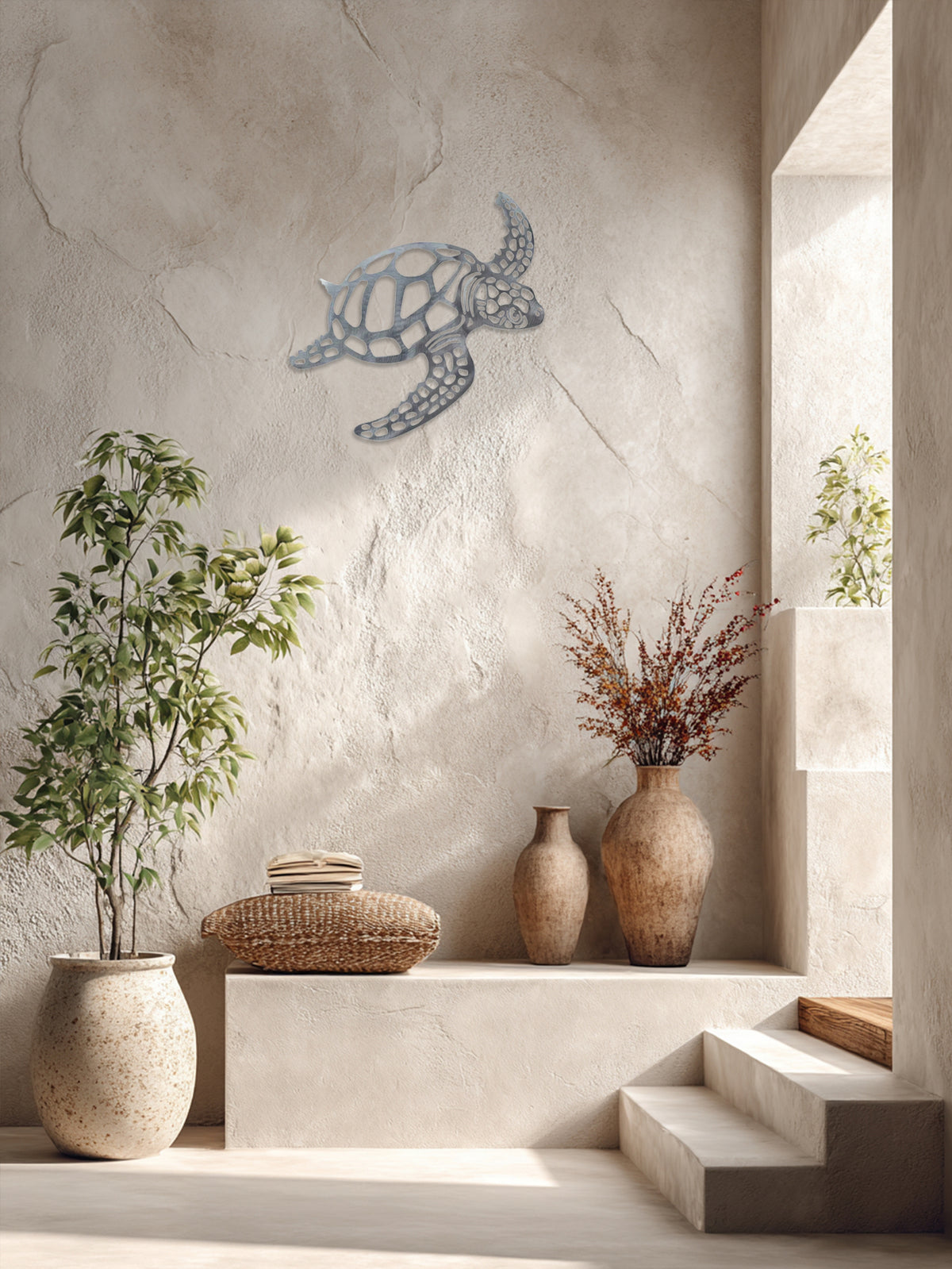 Nautical-themed room with turtle wall art, plants, and decorative vases on a stone shelf.