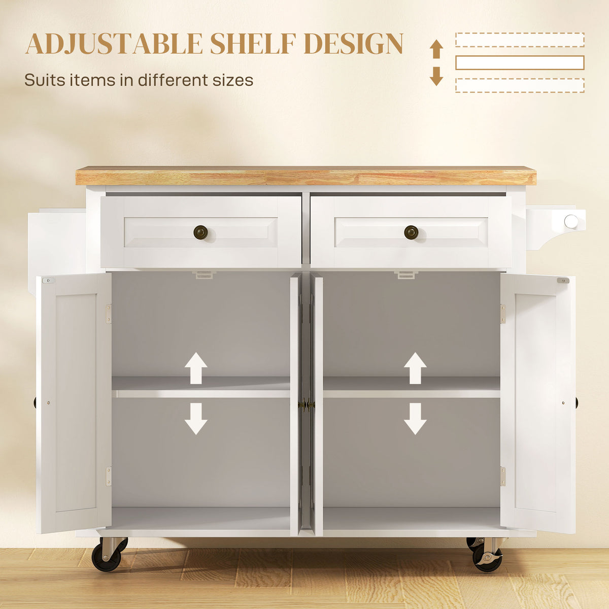 White kitchen island with adjustable shelves and wooden top on a beige background