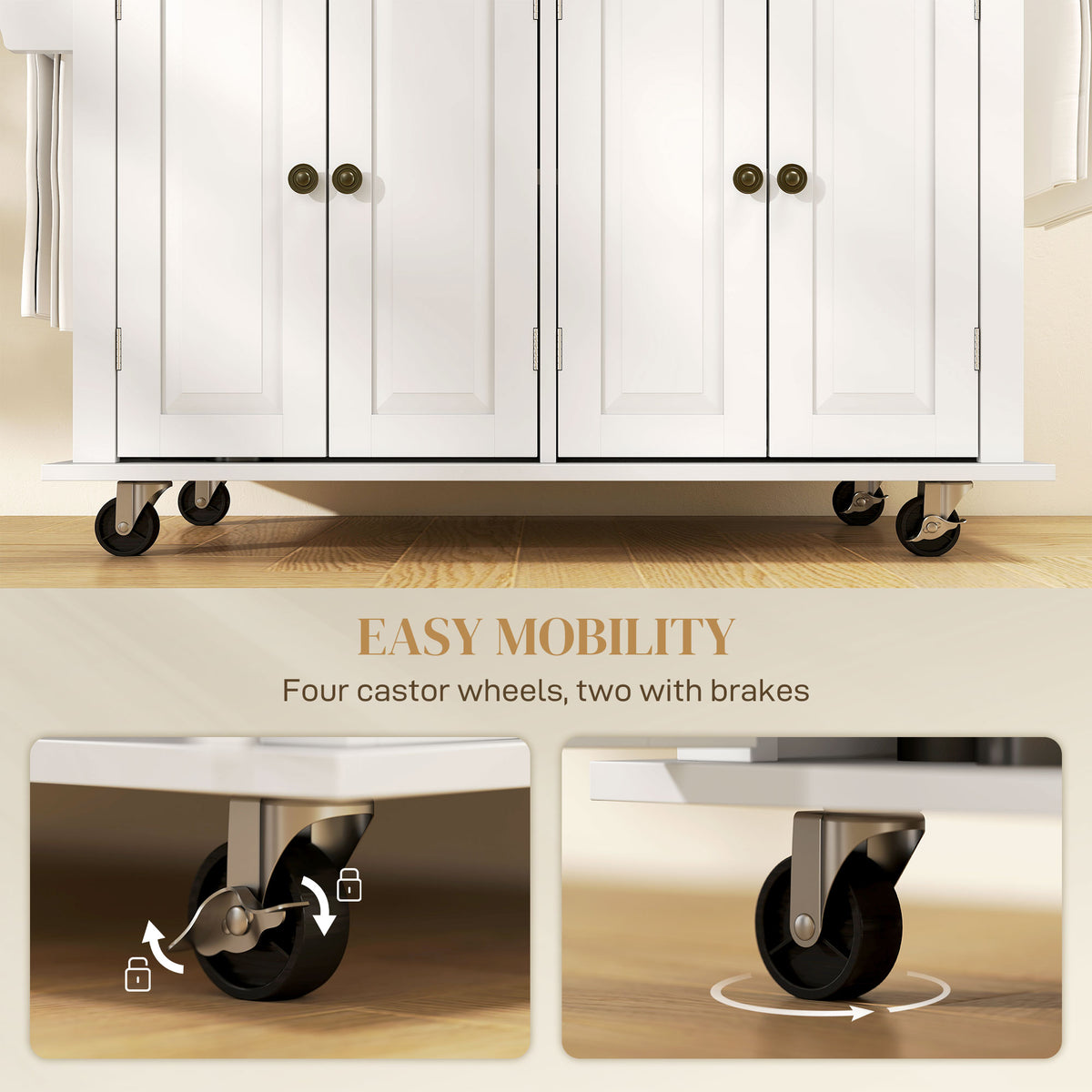 White cabinet with caster wheels on a wooden floor, emphasizing easy mobility.