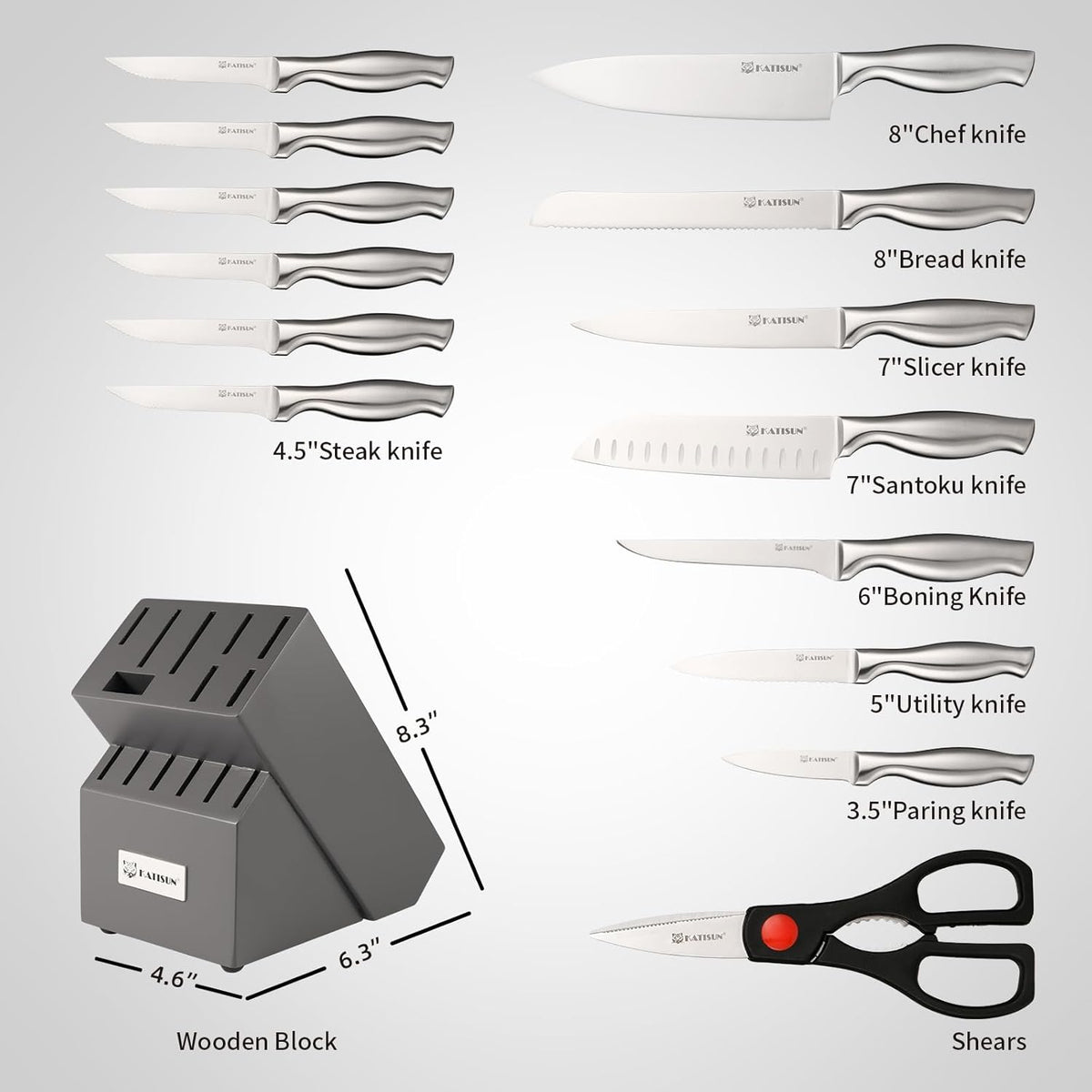Set of knives with their names and a knife block on a light gray background