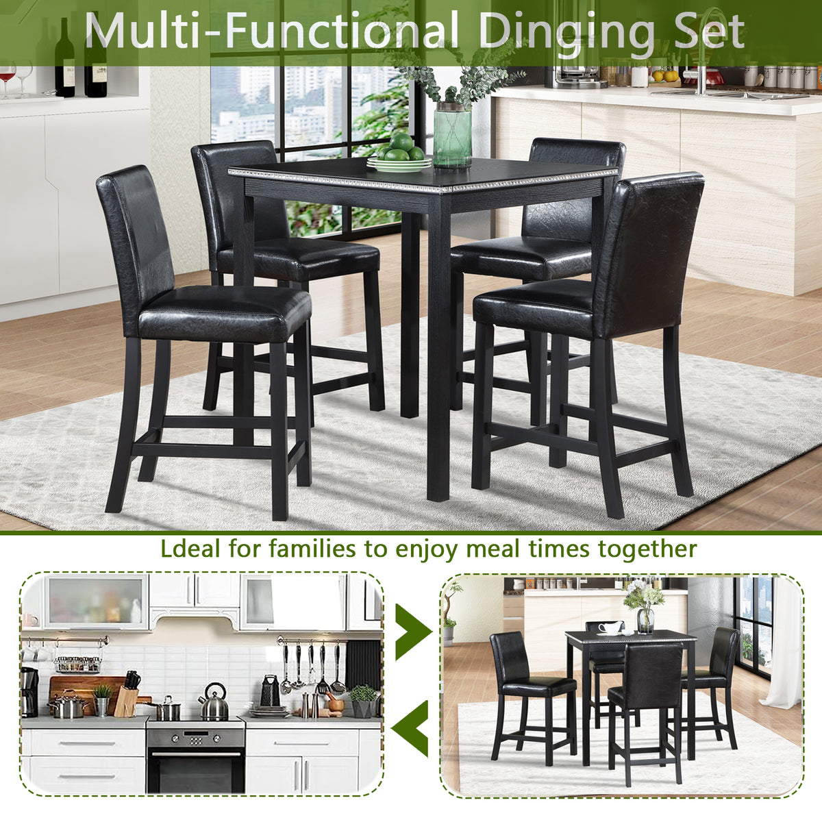 Black dining set with four chairs in a kitchen setting, ideal for families to enjoy meal times together.