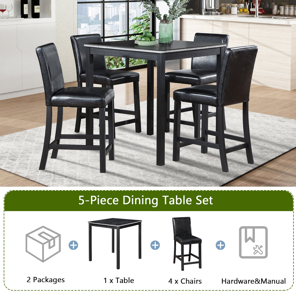 5-piece dining table set with black table and chairs in a kitchen setting.