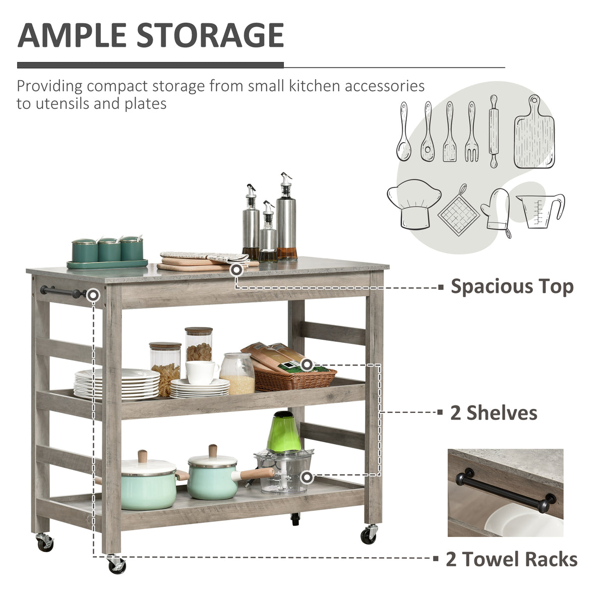 Kitchen cart with storage features and kitchen utensils illustration