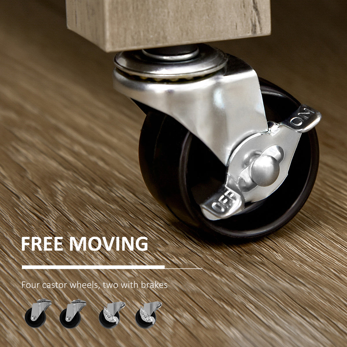 Close-up of a free-moving caster wheel on a wooden surface with text indicating 'Free Moving' and 'Four castor wheels, two with brakes'.