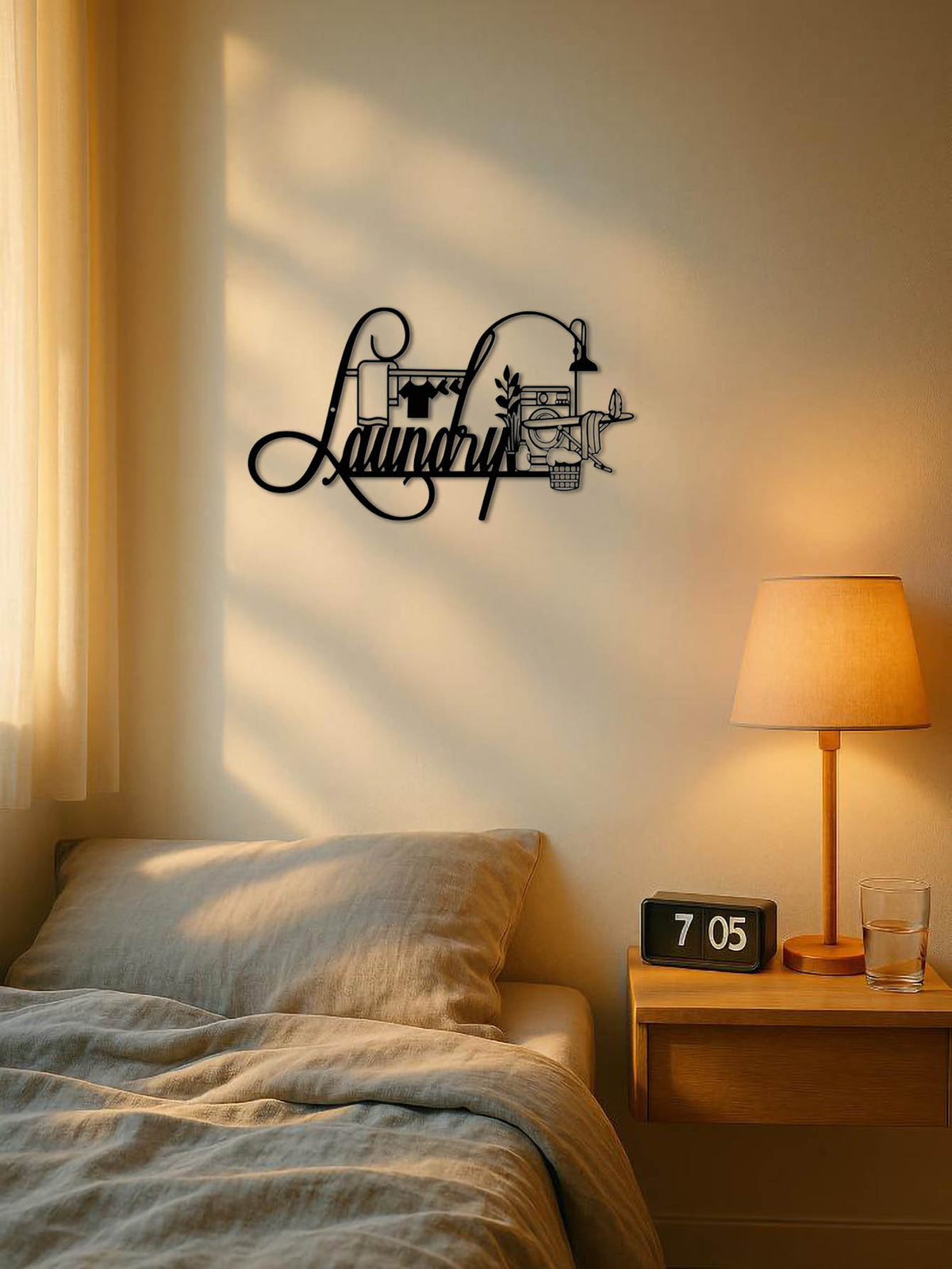 Decorative wall art with 'Laundry' on a wall above a bed in a bedroom.