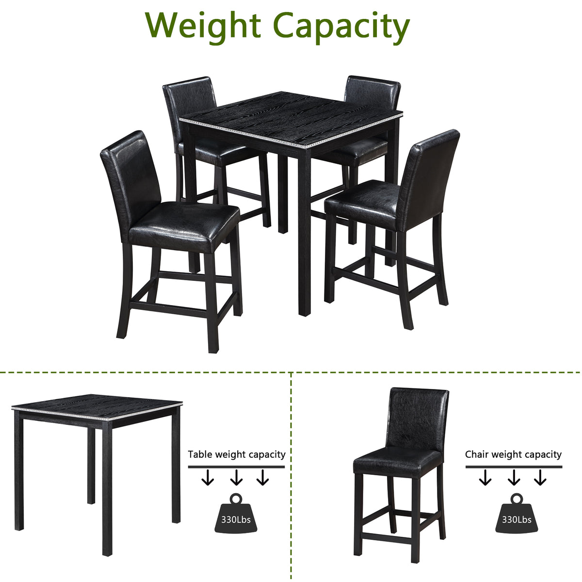 Black dining table and chairs set with weight capacity indicators on a white background