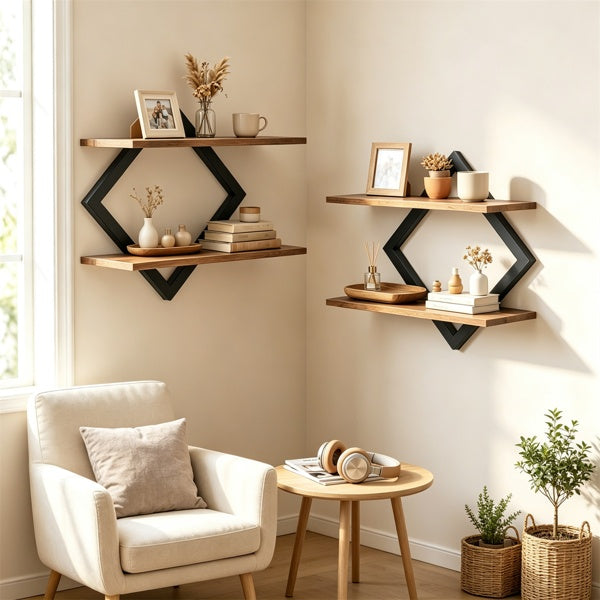 Three geometric diamond-shaped wall shelves with natural wood floating shelves and black metal supports, styled with books, vases, and framed art in a bright, modern room with a cream armchair and a small round wooden table.