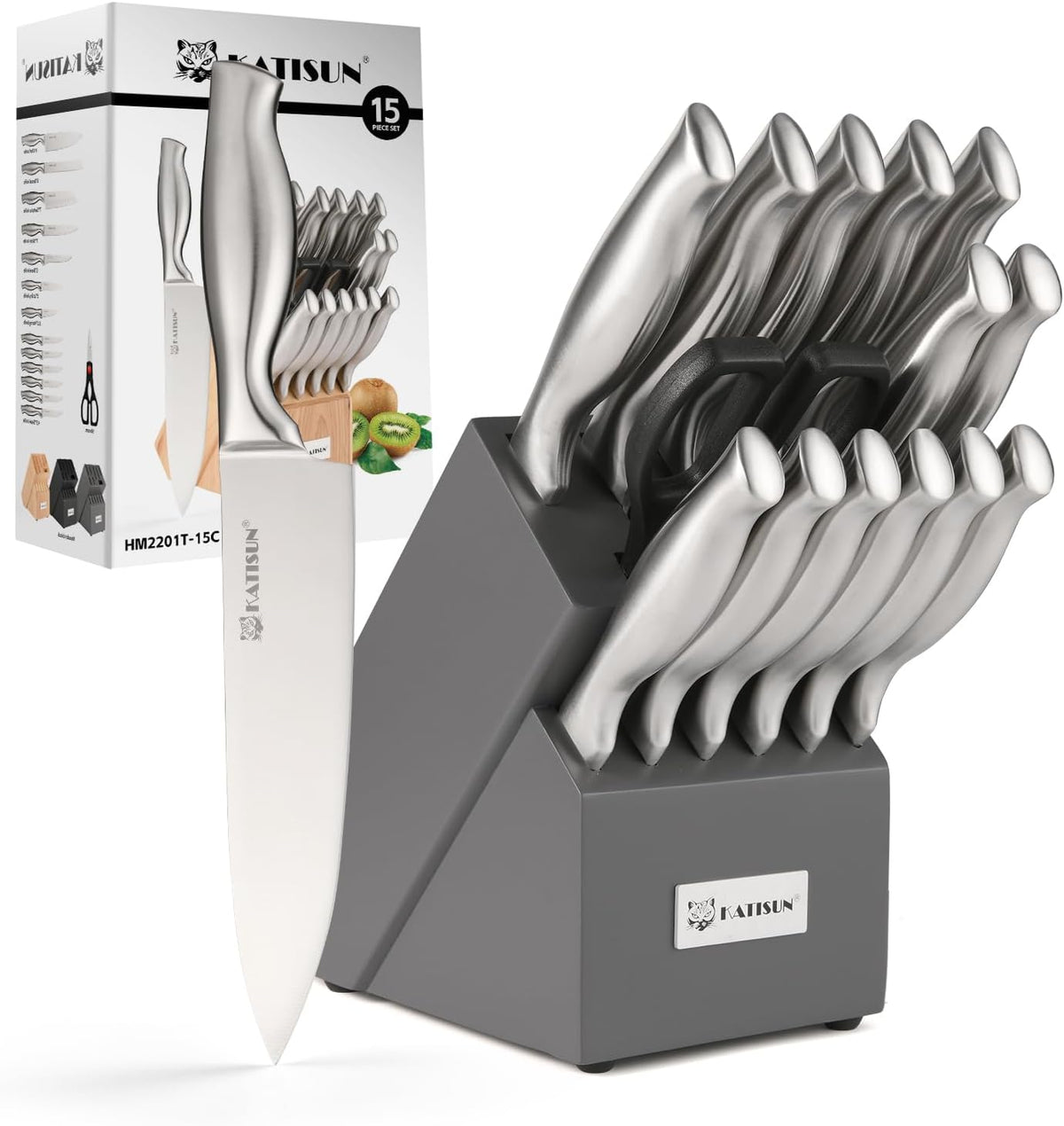 A 15-piece kitchen knife set by KATISUN, featuring silver stainless steel knives with white handles, displayed in a gray block stand with the matching retail box visible in the background.