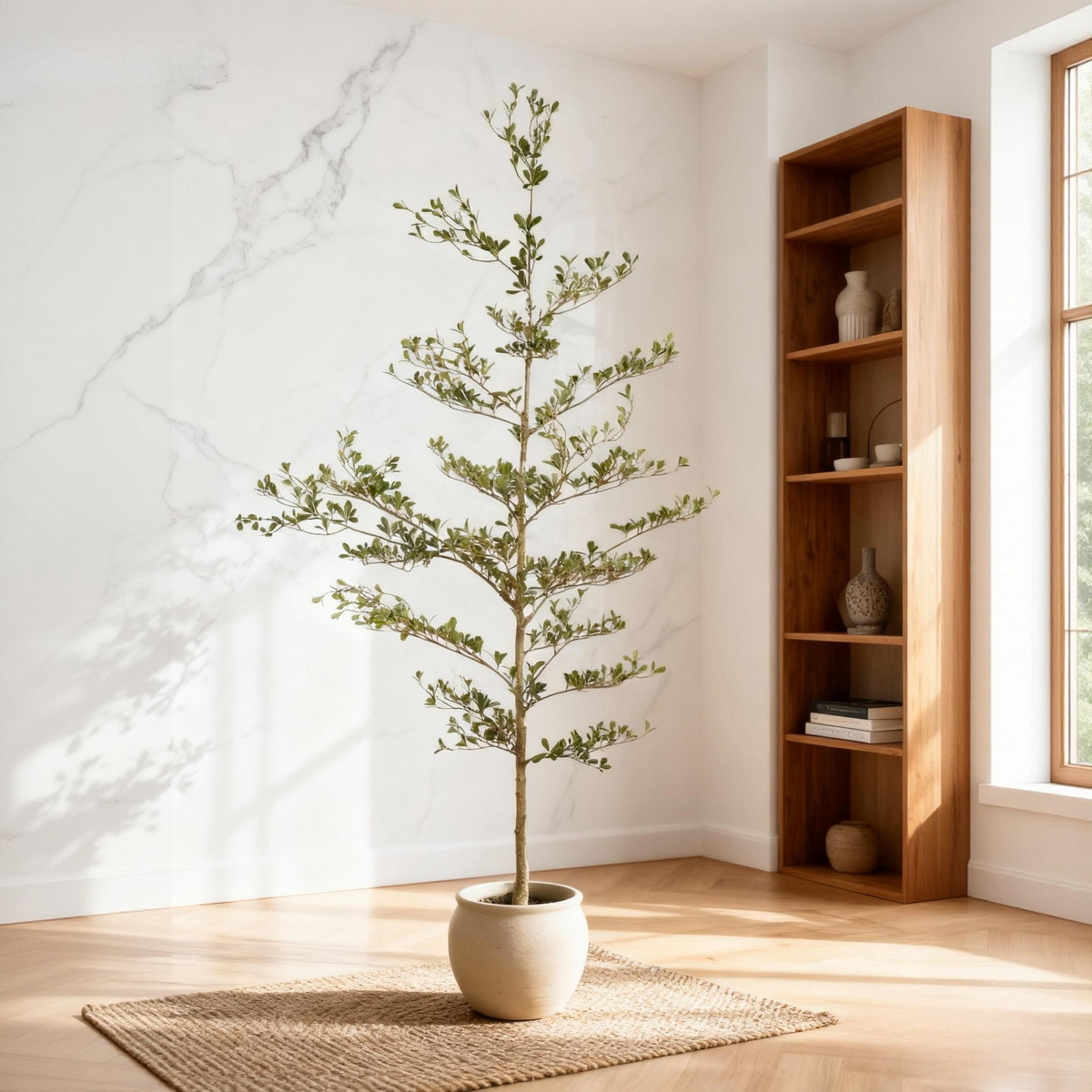 Potted plant in a room with a wooden bookshelf and marble wall.