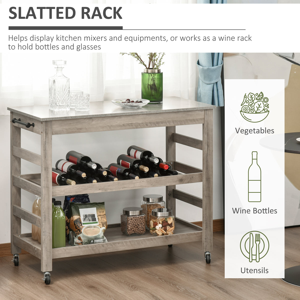 Slatted rack used for displaying kitchen items including wine bottles and jars.