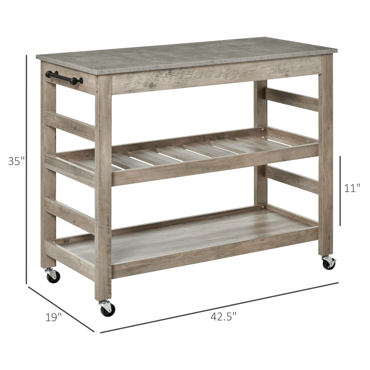Wooden kitchen cart with dimensions on a white background