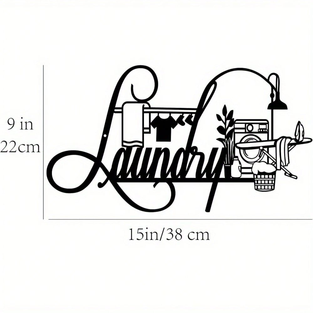 Decorative vinyl decal with 'Laundry' text and washing machine design, shown with dimensions.